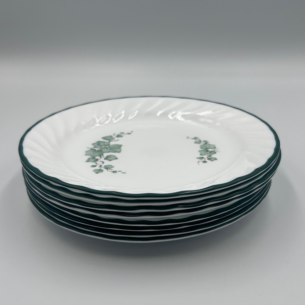 Corelle English Ivy Salad Plates Set of 8 Green Vine Swirl Rim 7.25 Inch USA